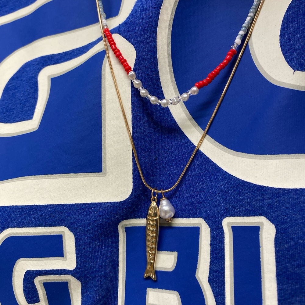 Gold and Red Beaded Necklace with Fish Pendant